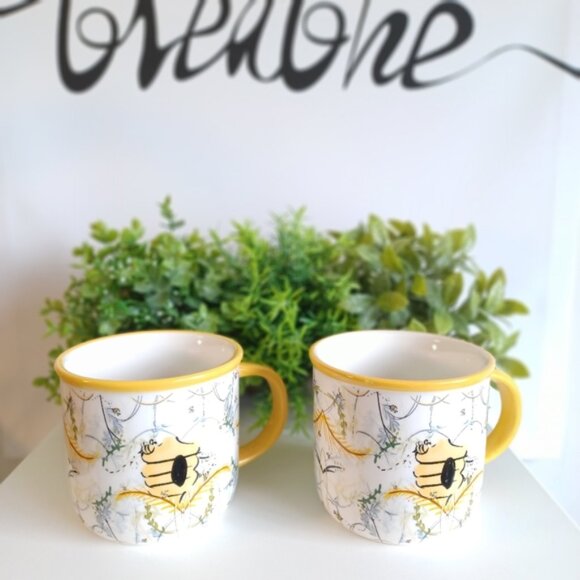 Bee Haven Ceramic Coffee/Tea Mugs | Set of 2 | 12 oz | Yellow & White - Picture 6 of 6